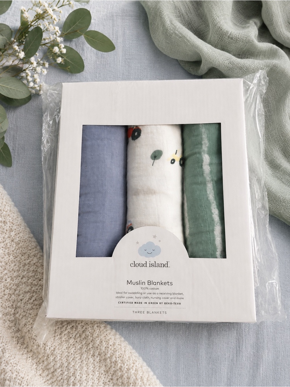 cloud island Muslin Blanket 3-Pack in Blue, White Print, Sage Green